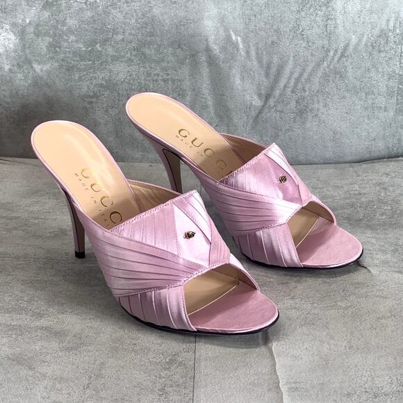 GUCCI Women's Light Pink Satin Heeled Slide Open Toe Sandal SZ 39 US 9 - Picture 1 of 13